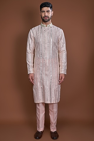 Peach Cotton Badla Embroidered Kurta Set by Kunal Anil Tanna