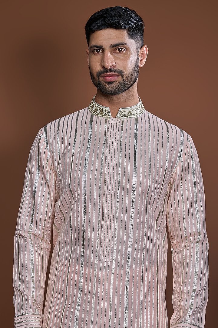 Peach Cotton Badla Embroidered Kurta Set by Kunal Anil Tanna at Pernia's Pop Up Shop