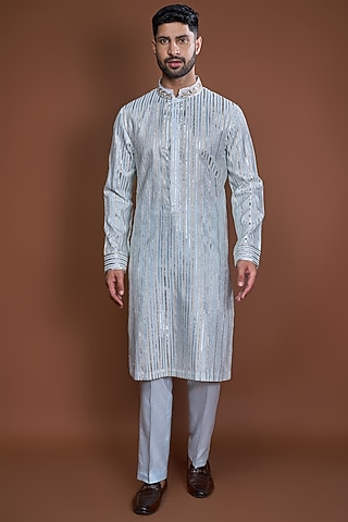 Blue Cotton Badla Embroidered Kurta Set by Kunal Anil Tanna