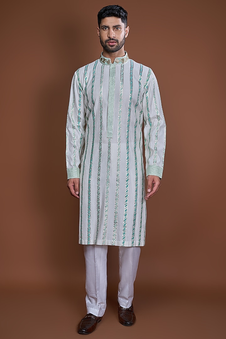 Off-White Cotton Zari Striped Textured Kurta Set by Kunal Anil Tanna