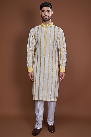 Off-White Cotton Zari Striped Textured Kurta Set by Kunal Anil Tanna