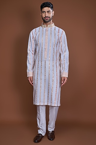 Off-White Cotton Zari Striped Textured Kurta Set by Kunal Anil Tanna