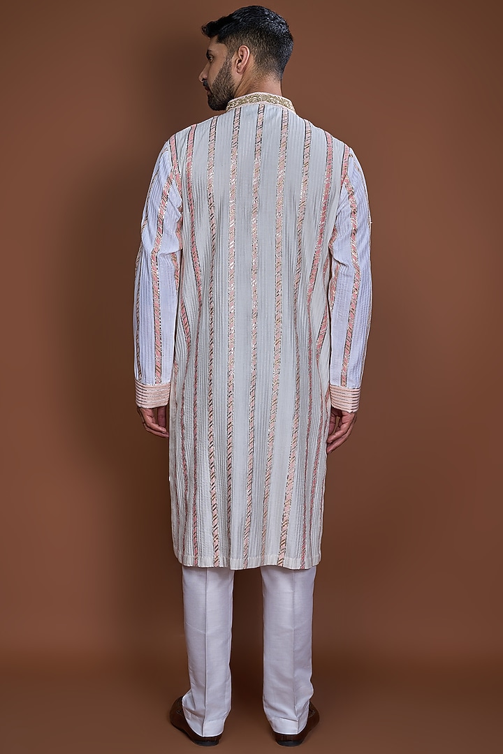 Off-White Cotton Zari Striped Textured Kurta Set by Kunal Anil Tanna at Pernia's Pop Up Shop