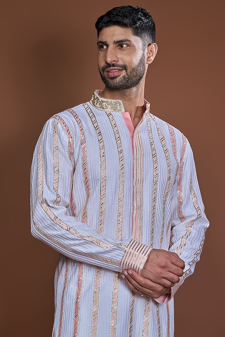 Off-White Cotton Zari Striped Textured Kurta Set by Kunal Anil Tanna at Pernia's Pop Up Shop