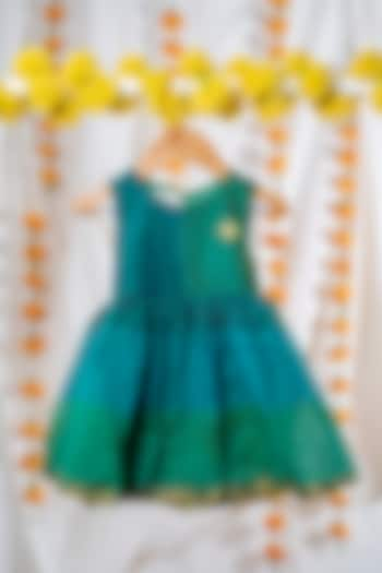 Green Maheshwari Cotton Floral Embroidered Dress For Girls by Kattan Kids at Pernia's Pop Up Shop