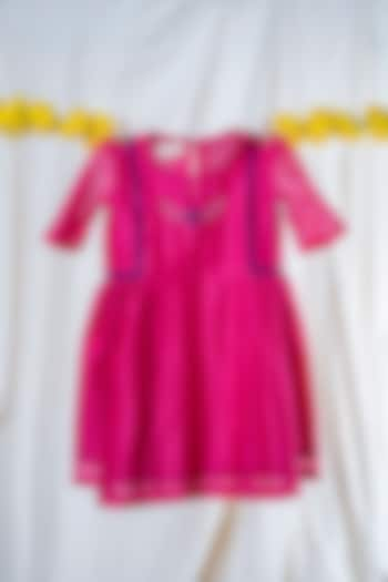 Pink Maheshwari Cotton Floral Embroidered Dress For Girls by Kattan Kids at Pernia's Pop Up Shop