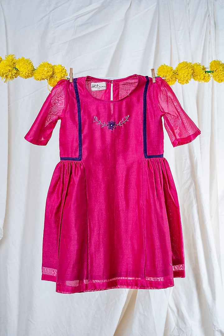 Pink Maheshwari Cotton Floral Embroidered Dress For Girls by Kattan Kids at Pernia's Pop Up Shop