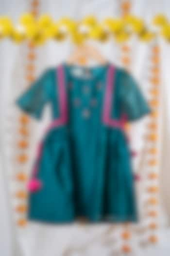 Rama Green Maheshwari Cotton Bead Work Dress For Girls by Kattan Kids at Pernia's Pop Up Shop