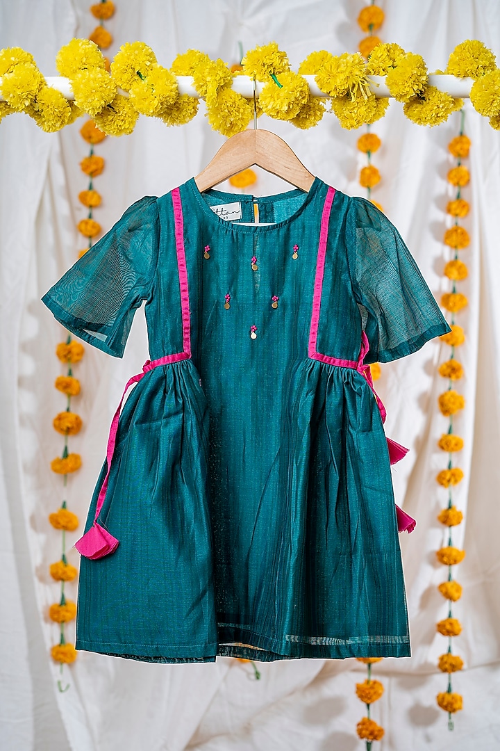 Rama Green Maheshwari Cotton Bead Work Dress For Girls by Kattan Kids at Pernia's Pop Up Shop