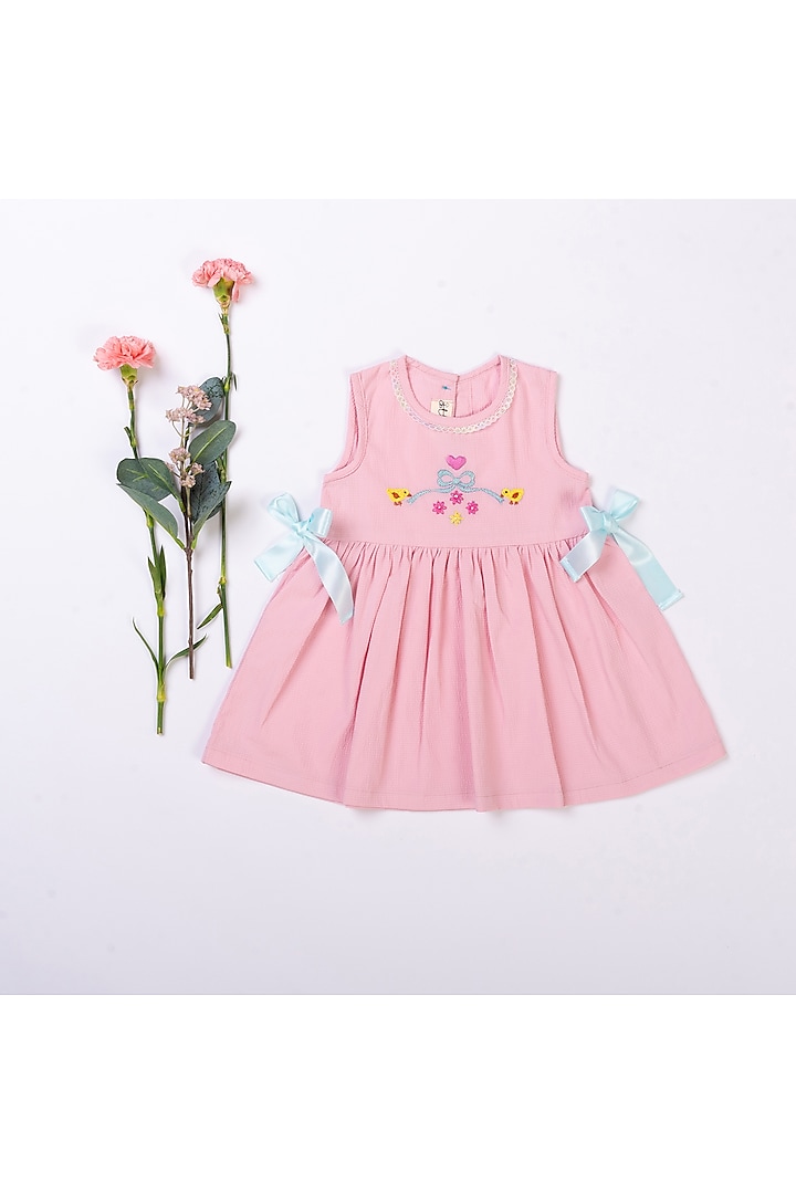 Pink Seersucker Cotton Motif Hand Embroidered Dress For Girls by Kattan Kids at Pernia's Pop Up Shop