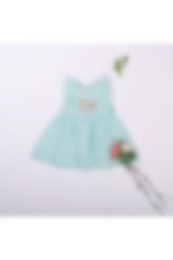 Powder Blue Seersucker Cotton Motif Hand Embroidered Ruffled Dress For Girls by Kattan Kids at Pernia's Pop Up Shop