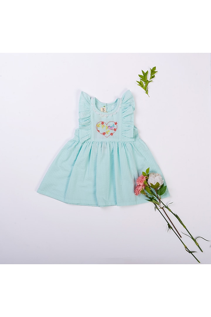 Powder Blue Seersucker Cotton Motif Hand Embroidered Ruffled Dress For Girls by Kattan Kids at Pernia's Pop Up Shop