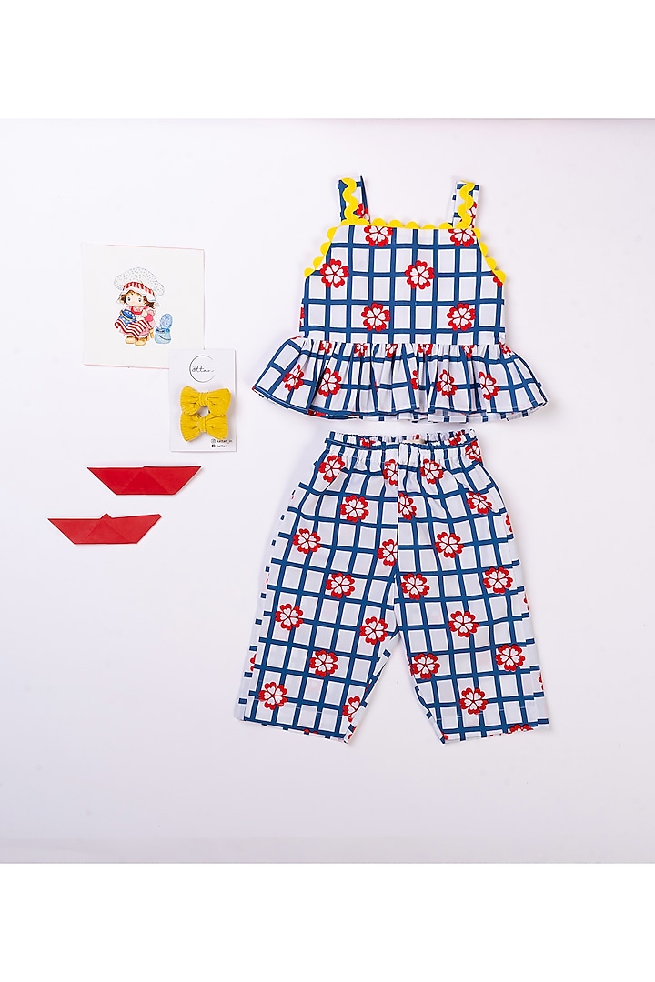 White & Blue Cotton Stripe Printed Co-Ord Set For Girls by Kattan Kids at Pernia's Pop Up Shop