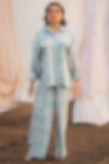 Pastel Blue Viscose Satin & Organza Printed Co-Ord Set by Kauza at Pernia's Pop Up Shop
