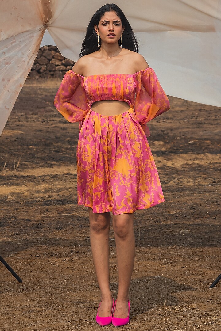 Dark Pink & Titian Chiffon Printed Dress by Kauza
