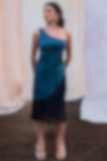 Azure & Dark Blue Bemberg Satin Printed Knotted Dress by Kauza