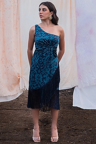Azure & Dark Blue Bemberg Satin Printed Knotted Dress by Kauza