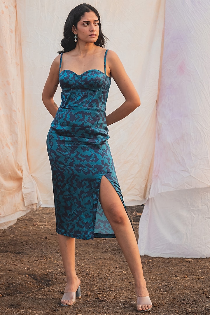 Azure & Dark Blue Bemberg Satin Printed Corset Dress by Kauza