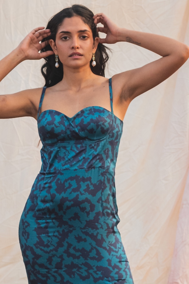 Azure & Dark Blue Bemberg Satin Printed Corset Summer Dress by Kauza at Pernia's Pop Up Shop
