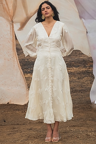 Fawn Silk Embroidered Layered Dress by Kauza