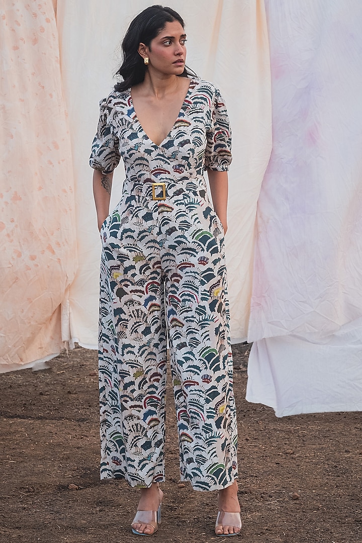 Fawn & Azure Moroccan Crepe Printed Wrapped Jumpsuit by Kauza