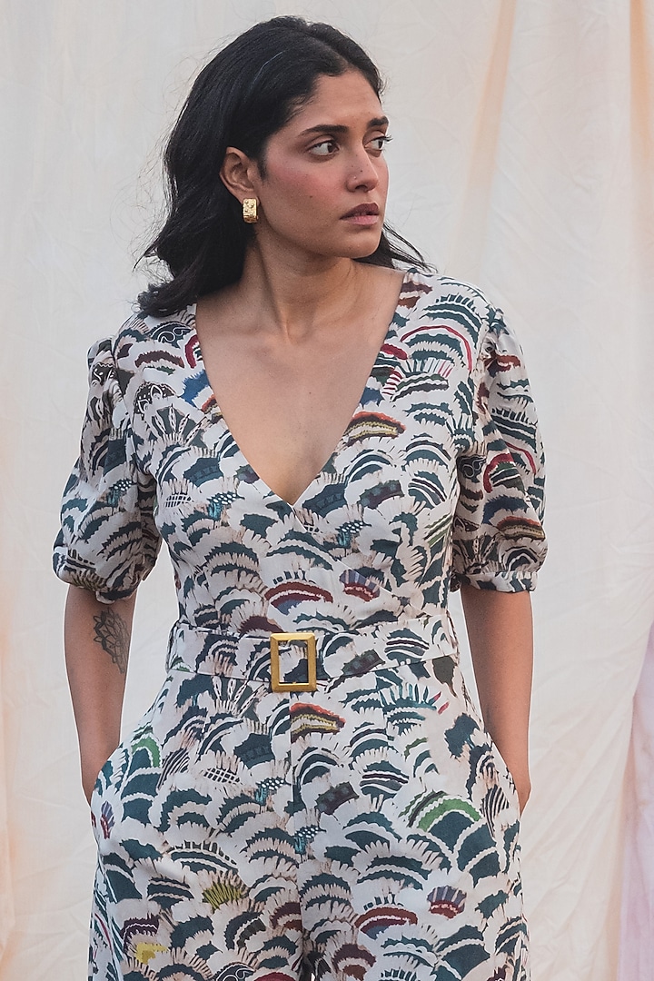 Fawn & Azure Moroccan Crepe Printed Wrapped Jumpsuit by Kauza at Pernia's Pop Up Shop