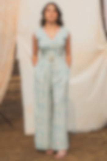 Pastel Blue Moroccan Crepe Printed Jumpsuit by Kauza