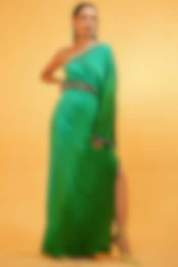 Emerald Green Bosky One-Shoulder Ombre Dyed Kaftan by Kauza