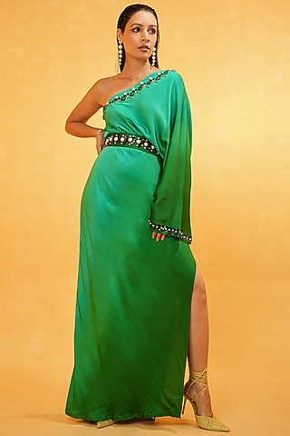 Emerald Green Bosky One-Shoulder Ombre Dyed Kaftan by Kauza