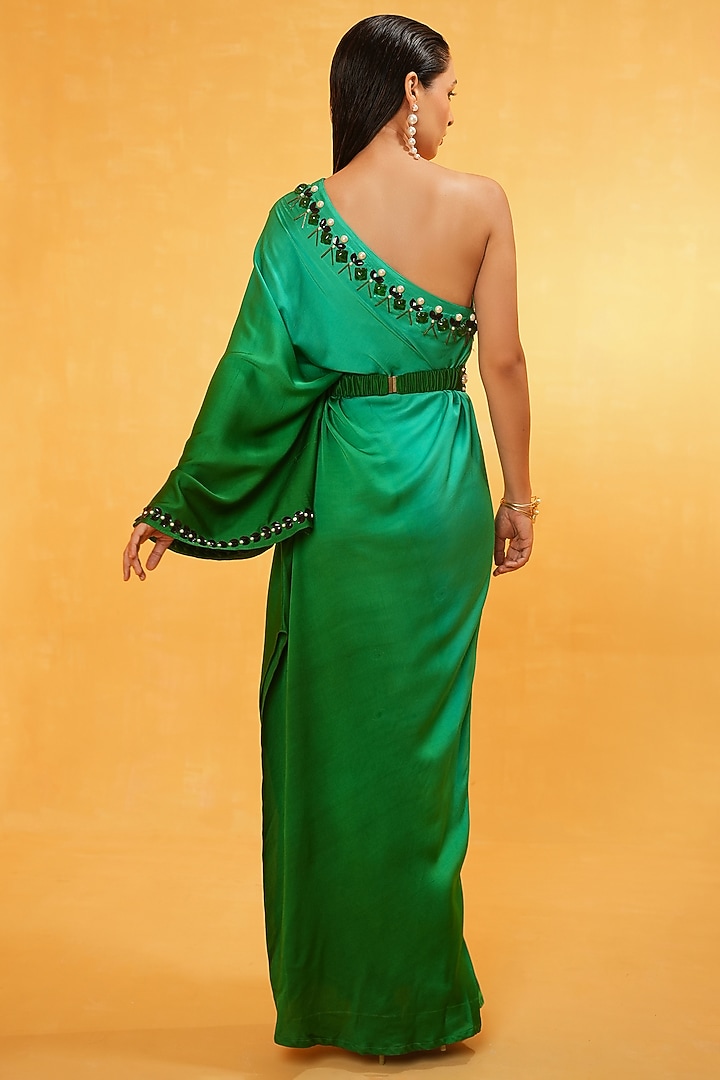 Emerald Green Bosky One-Shoulder Ombre Dyed Kaftan by Kauza at Pernia's Pop Up Shop