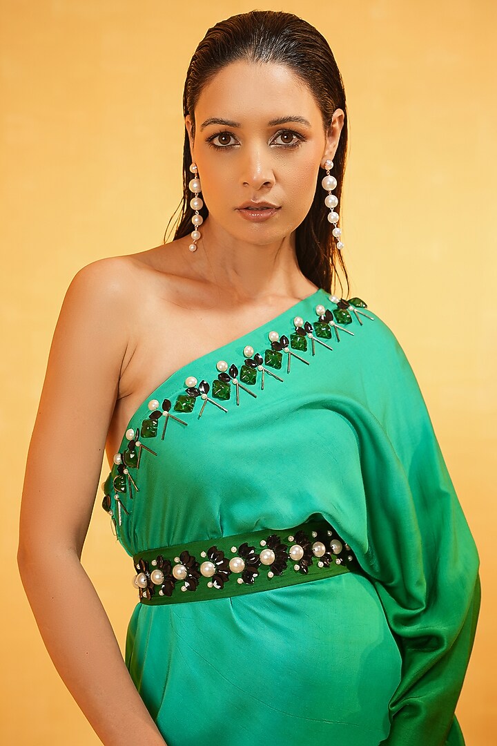 Emerald Green Bosky One-Shoulder Ombre Dyed Kaftan by Kauza at Pernia's Pop Up Shop