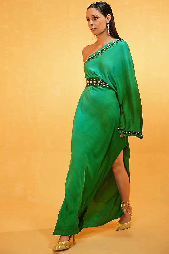 Emerald Green Bosky One-Shoulder Ombre Dyed Kaftan by Kauza at Pernia's Pop Up Shop