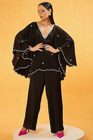 Black Modal Silk Boota Hand Embroidered Co-Ord Set by Kauza