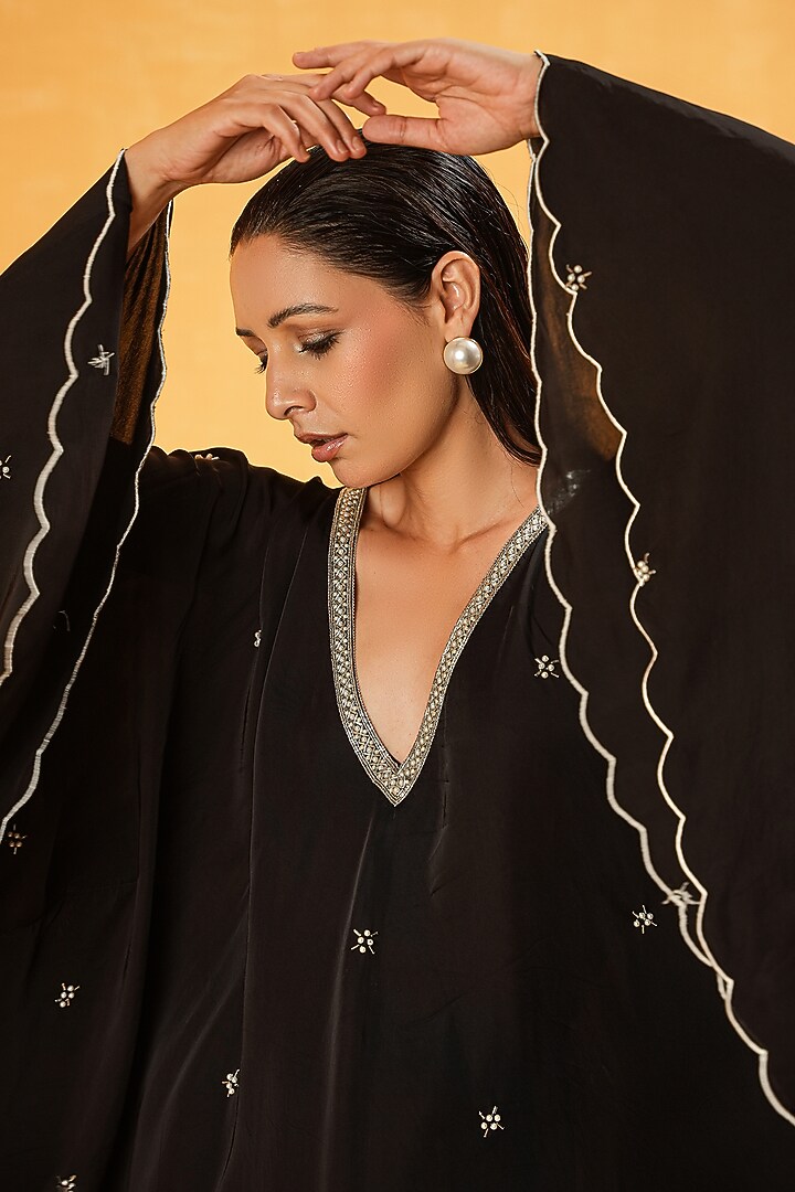 Black Modal Silk Boota Hand Embroidered Co-Ord Set by Kauza at Pernia's Pop Up Shop