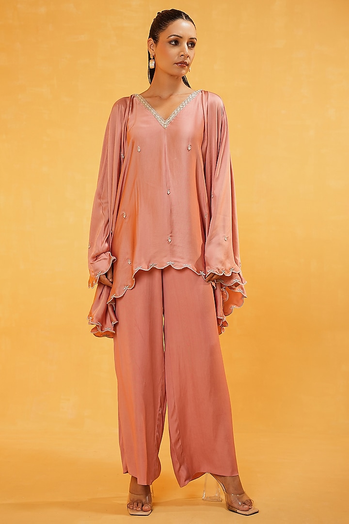 Blush Pink Modal Silk Boota Hand Embroidered Co-Ord Set by Kauza