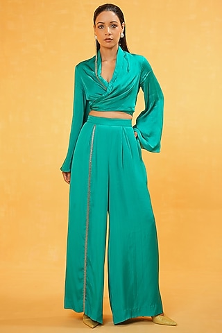 Blue Modal Silk Hand Embroidered Co-Ord Set by Kauza