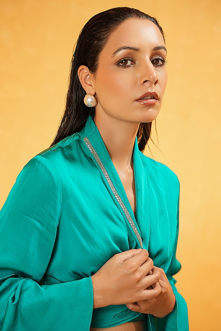 Blue Modal Silk Hand Embroidered Co-Ord Set by Kauza at Pernia's Pop Up Shop