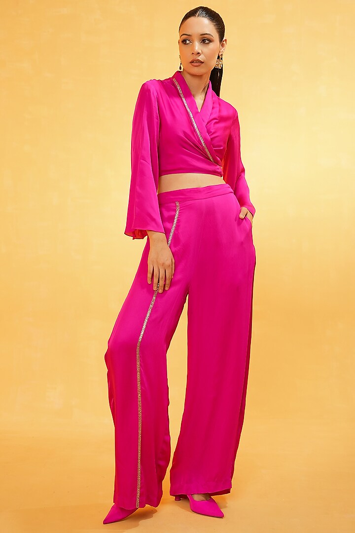 Pink Modal Silk Hand Embroidered Co-Ord Set by Kauza