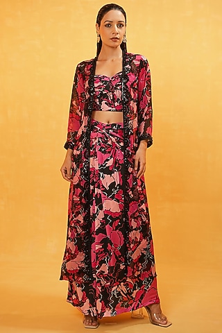 Multi-Colored Pure Organza Printed Cape Set by Kauza