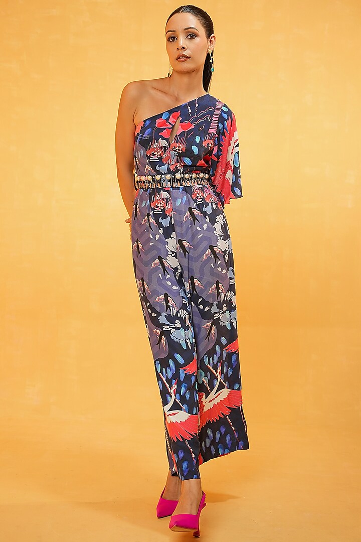 Multi-Colored Moroccan Crepe Printed One-Shoulder Jumpsuit by Kauza