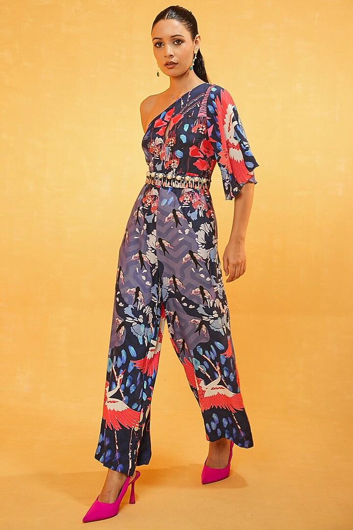 Multi-Colored Moroccan Crepe Printed One-Shoulder Jumpsuit by Kauza at Pernia's Pop Up Shop