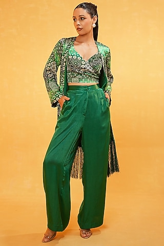 Green Modal Printed Jacket Set by Kauza