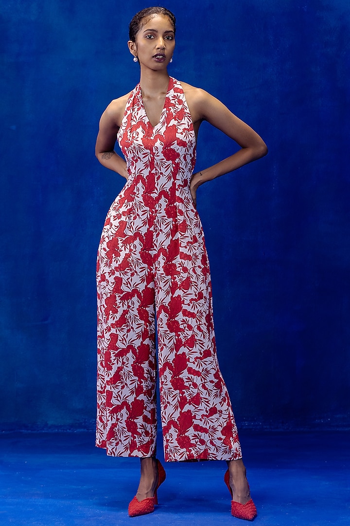 Red & White Printed Jumpsuit by Kauza