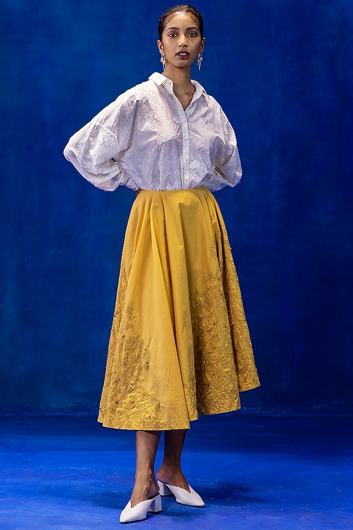 Spicy Mustard Cotton Poplin Embroidered Skirt by Kauza