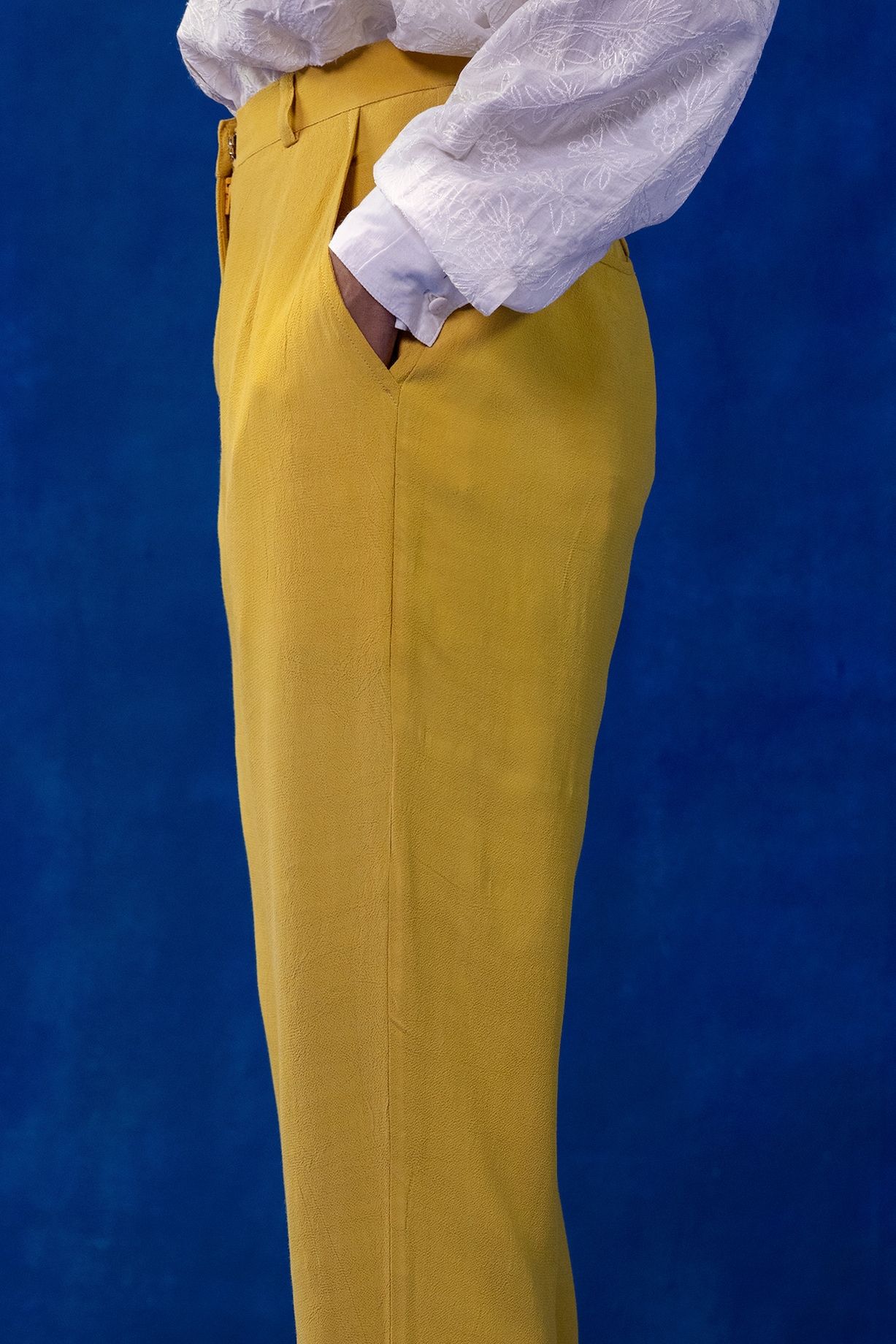 Spicy Mustard Heavy Crepe Pants Design by Kauza at Pernia's Pop Up Shop 2024