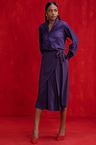 Petunia Purple Cotton Poplin Wrap Skirt by Kauza