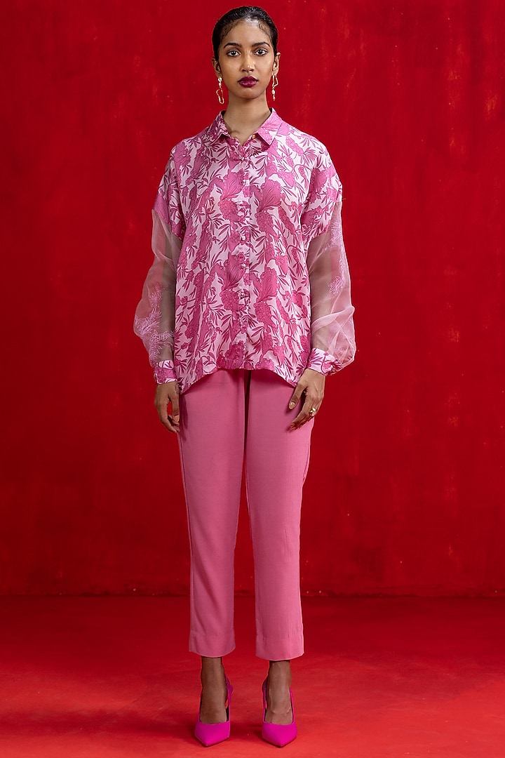 Pink Printed & Embroidered Shirt by Kauza