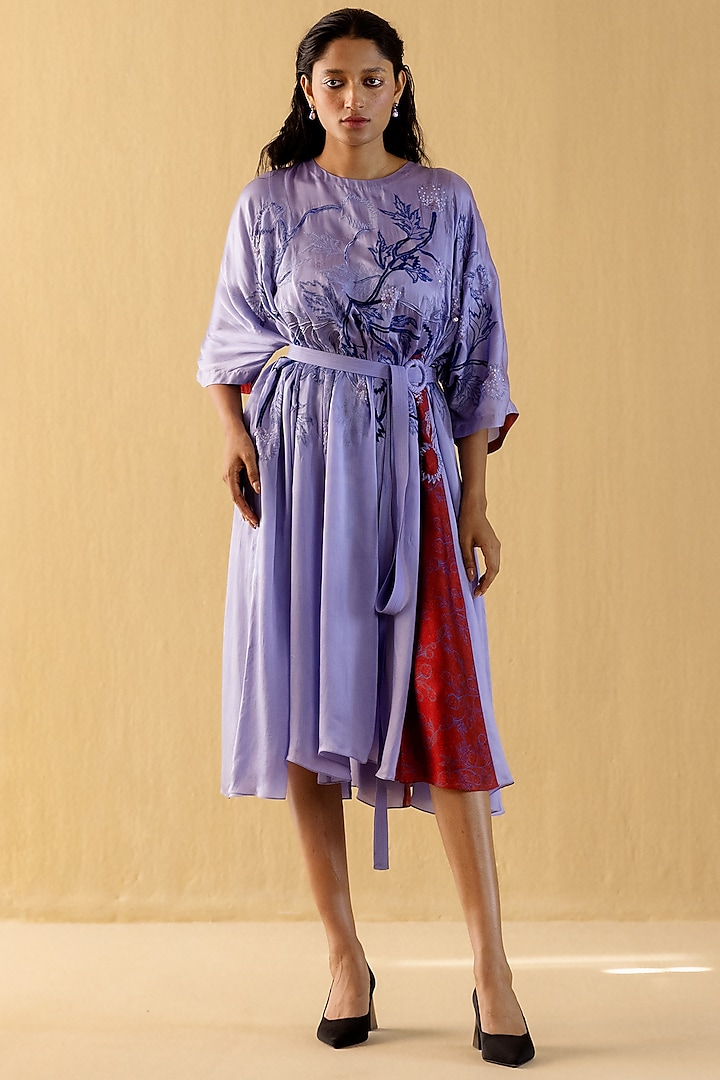 Lilac Bemberg Satin Embroidered Dress by Kauza