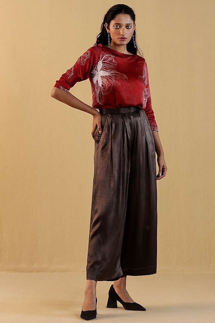 Brown Crushed Satin Pleated Pants by Kauza