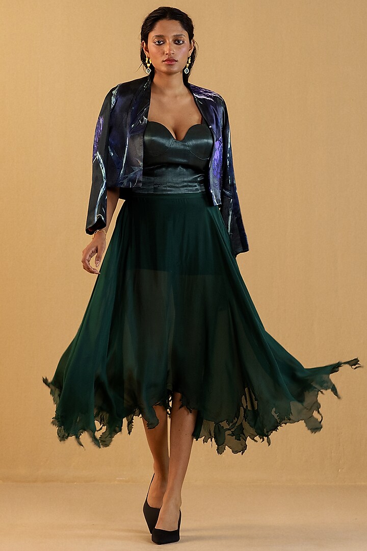 Jasper Green Silk Asymmetrical Skirt by Kauza